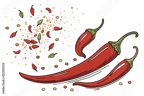  vibrant red chili peppers, explosive spice splash, dynamic food photography, white background, high-speed capture, culinary art, crisp details, floating pepper flakes, green stems, fiery composition,