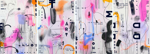 Abstract vector modern cover. Colorful backdrop with black accents, splashes of colors and paint spots. Posters with brush strokes and textures to create an artistic background for design projects.