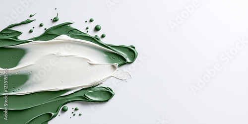 Abstract Green and White Paint Swirls on White Background photo