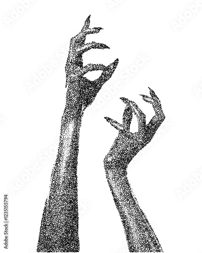 Distressed vampire hands with halftone stipple effect for grunge punk style. Vintage photocopy vector with grainy textures and noisy gradation dotwork for raw, textured design.
