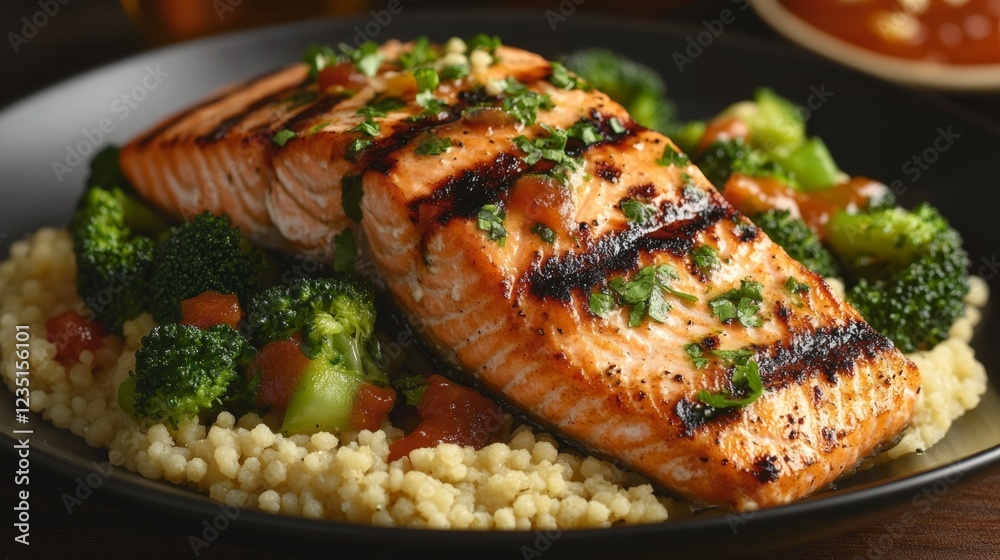 Grilled Salmon with Broccoli and Couscous for Healthy Food Marketing Grilled Salmon with Broccoli and Couscous for Healthy Food Marketing