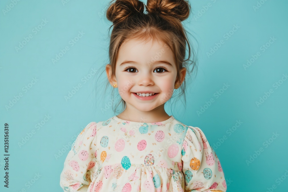 smiling little girl wearing an Easter print dress with eggs, pastel background smiling little girl wearing an Easter print dress with eggs, pastel background
