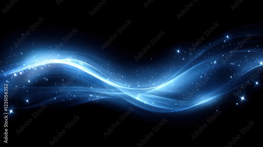 Fototapeta premium Abstract blue glowing waves on a dark background with sparkling dust