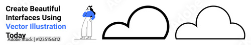 Standing figure in blue shirt contemplating design next to bold cloud icons. Ideal for creativity, brainstorming, design, innovation, problem-solving, minimalism, flat landing page banner