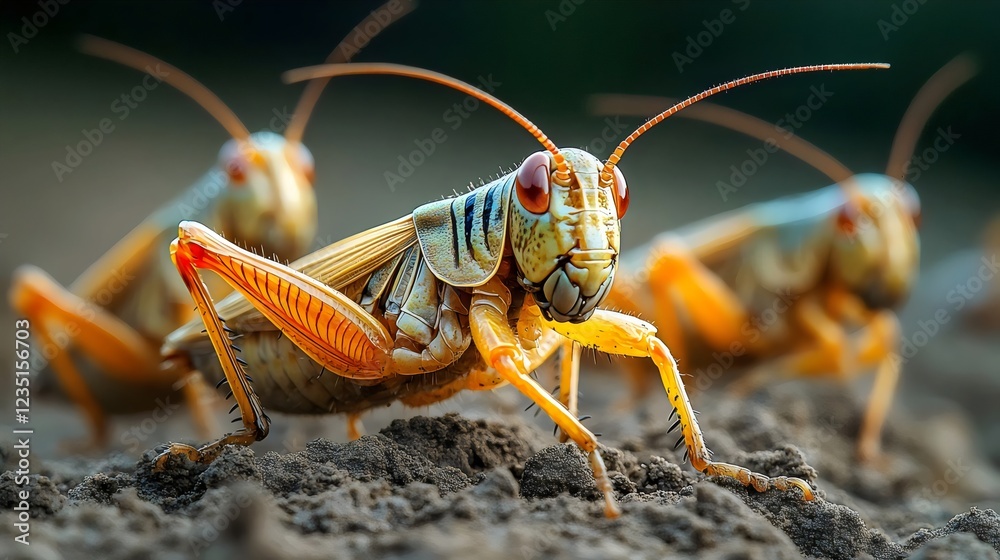 A bug with a brown head and orange legs is standing on a dirt ground
