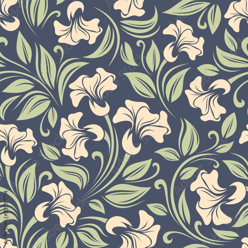 Wallpaper Mural Vintage floral pattern with pink flowers and green leaves on blue. Vector seamless background Torontodigital.ca