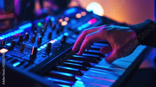 A musician composing music with digital synthesizers and recording equipment in a modern studio, symbolizing music production and digital creativity, Modern lifestyle scene