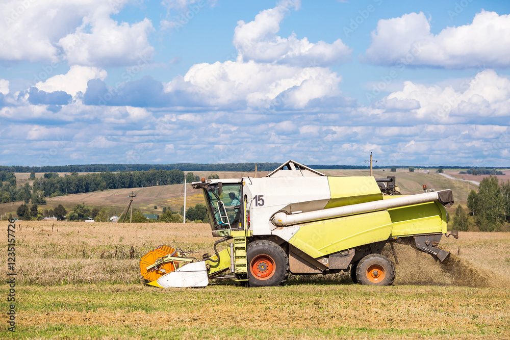 Obraz premium Agricultural industry. A combine harvester harvests from the field. The concept of processing and collection . Rural landscape. Agricultural machinery.