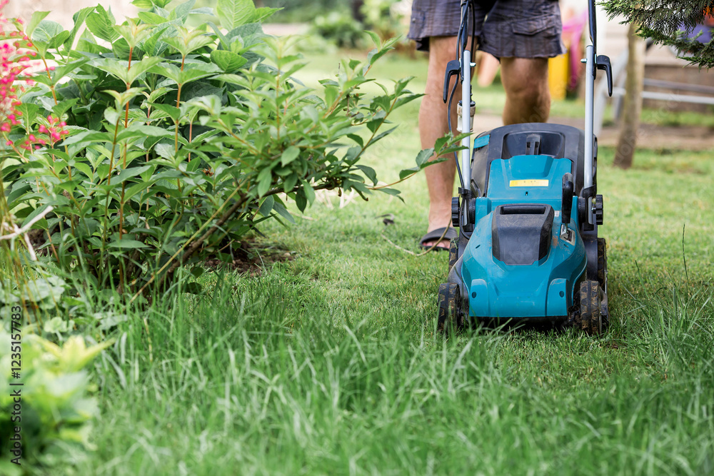 Fototapeta premium A man with a lawn mower mows the grass in the backyard. Agricultural machinery for garden maintenance. The banner.