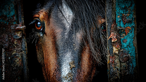 Horse's gaze through rusty gate, dark background photo
