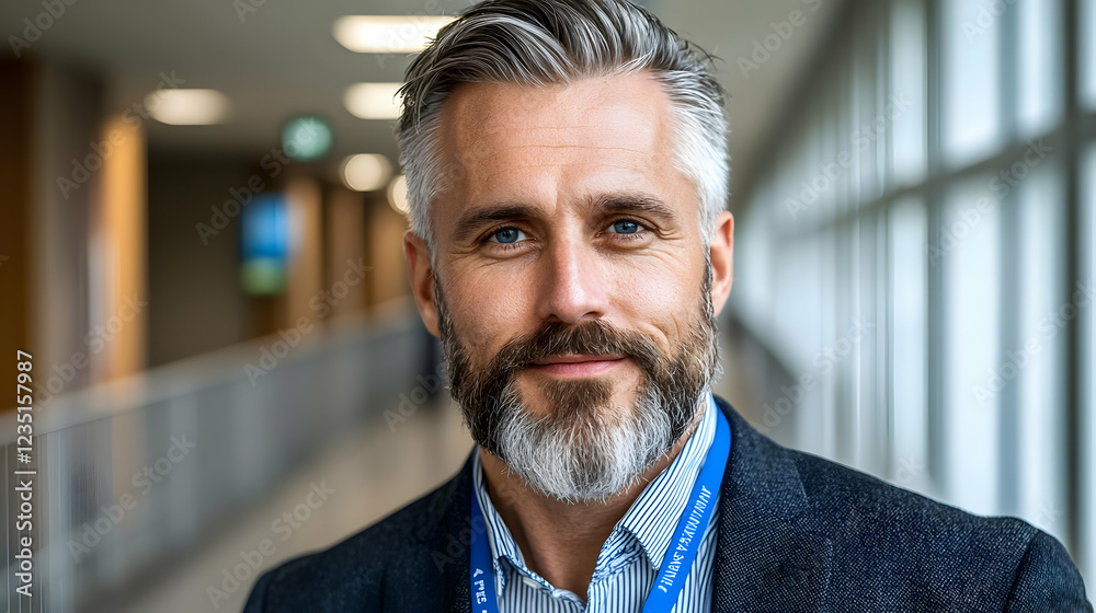 Fototapeta premium Confident mature businessman with grey hair and beard standing in a bright office corridor during daytime.