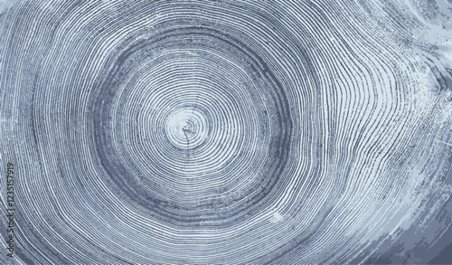 Blue gray white stamp impression of end grain of wood slab. Tree rings ripples art with texture and cracked surface.