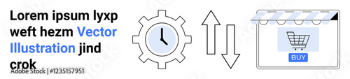 Clock gear with workflow arrows linking to a storefront with shopping cart window. Ideal for scheduling, automation, time management, workflow, e-commerce, technology, flat landing page banner