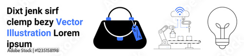 Handbag icon, robotic arm with wireless signals, and a light bulb for creativity. Ideal for retail, technology, IoT, automation, shopping, innovation branding flat landing page banner