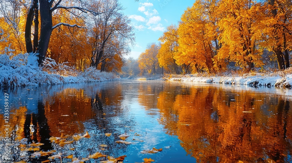 Obraz premium Autumnal river reflection, snowy banks, golden leaves