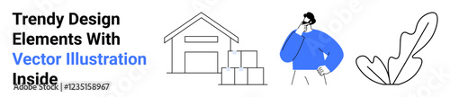 Warehouse building and stacked boxes, man contemplating ideas in blue top, abstract modern leaf art. Ideal for logistics, business strategy, productivity, eco-friendly, modern design, inventory