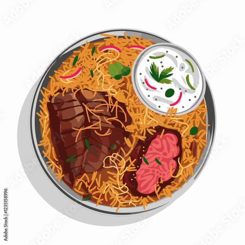 Hyderabadi Biryani Bowl with Meat and Garnishes – Vector Illustration