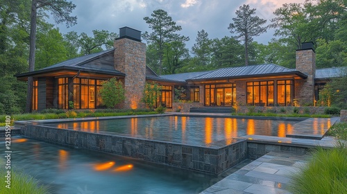 Modern home, pool, evening, wooded backyard