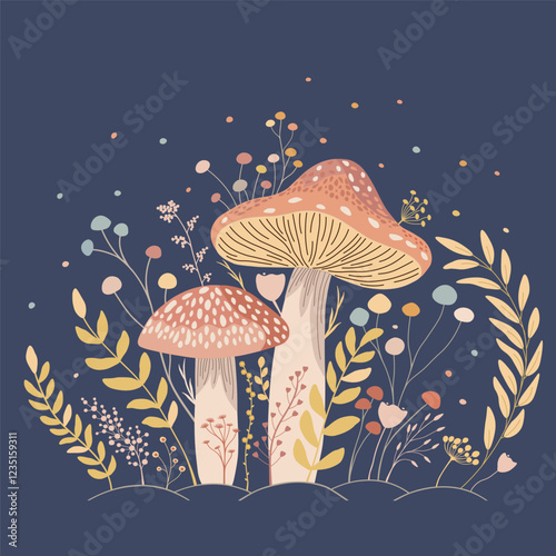 Cute pattern with plants and fungus 