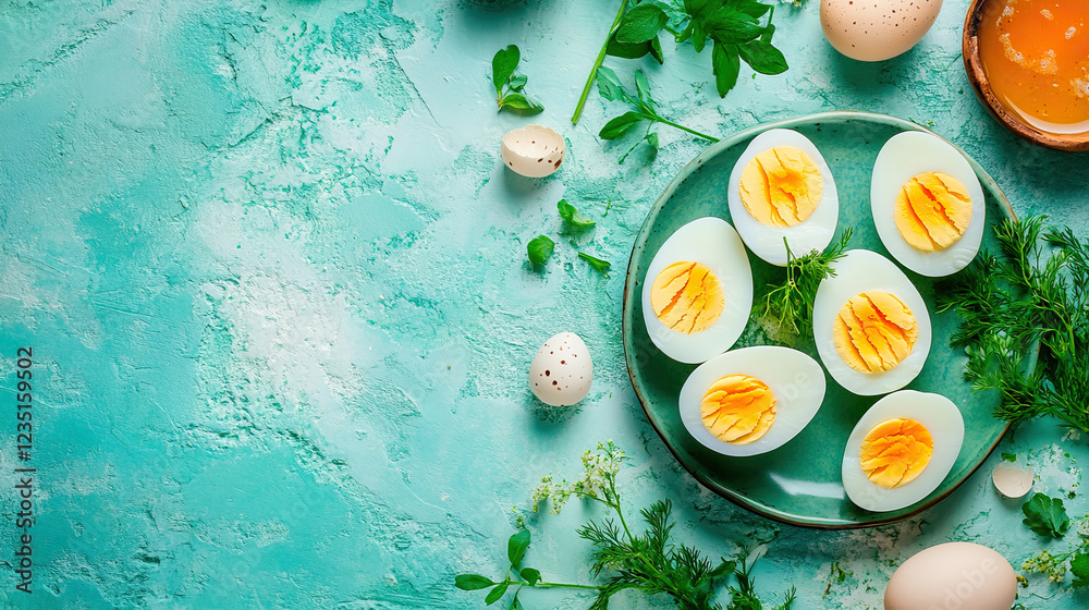 Beautifully Arranged Boiled Eggs Artfully Presented on a HerbEmbellished Plate for Appeal Beautifully Arranged Boiled Eggs Artfully Presented on a HerbEmbellished Plate for Appeal