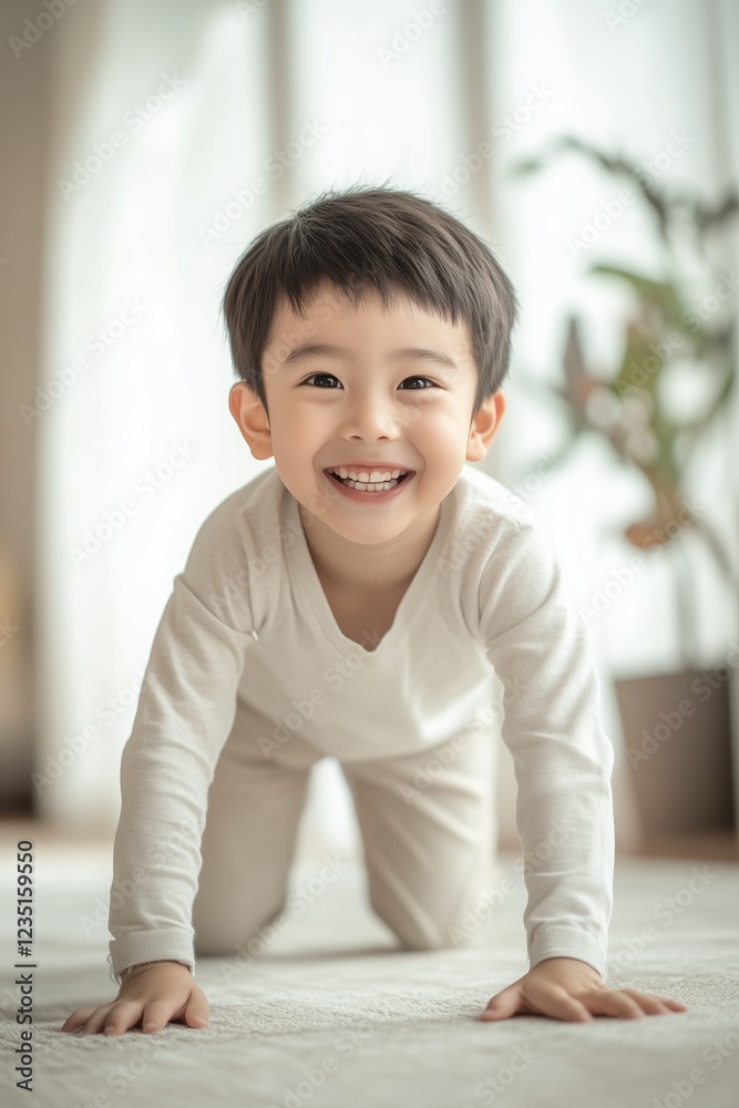 Adorable child in white pajamas smiling broadly while crawling on a soft carpet in a bright indoor setting.