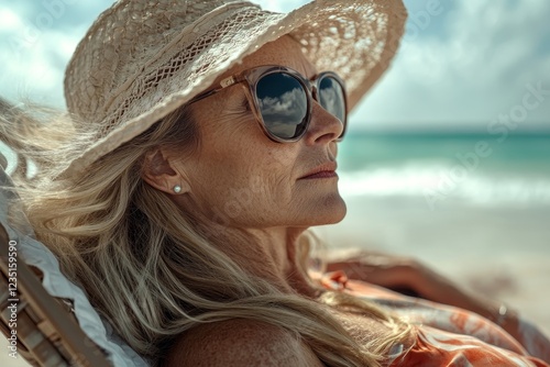 Senior woman enjoying a peaceful day at the beach, wearing a sunhat and sunglasses, reflecting serenity and leisure.