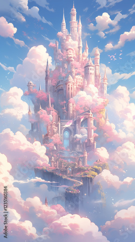 Fantasy anime castle floating among the clouds, ethereal and majestic dreamlike landscape