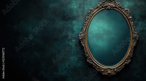 Antique oval mirror on dark teal wall, mysterious reflection