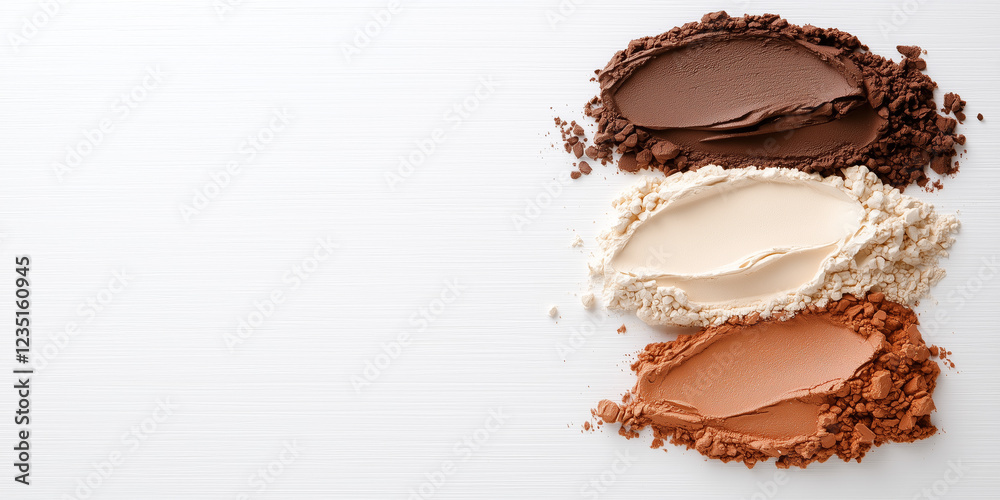 Three Shades of Brown Beige Makeup Powder Swatches on White Wood Three Shades of Brown Beige Makeup Powder Swatches on White Wood