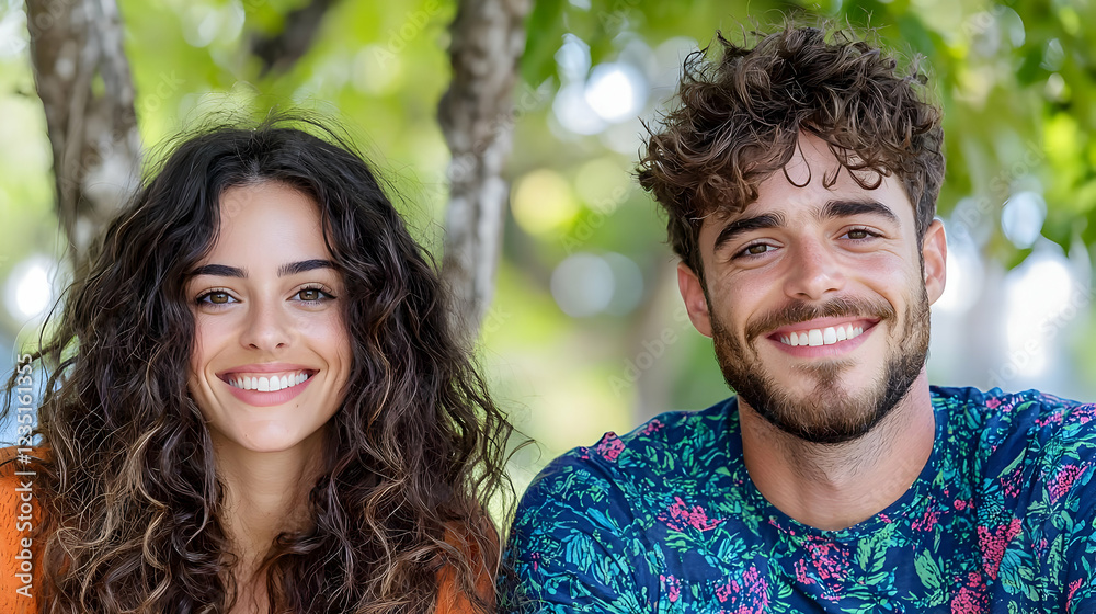Fototapeta premium Happy young couple smiling outdoors, park background, relationship concept