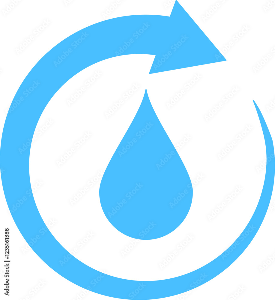 Recycling water icon design in flat style. Blue refresh arrow with water drop. Recycling water icon design in flat style. Blue refresh arrow with water drop.