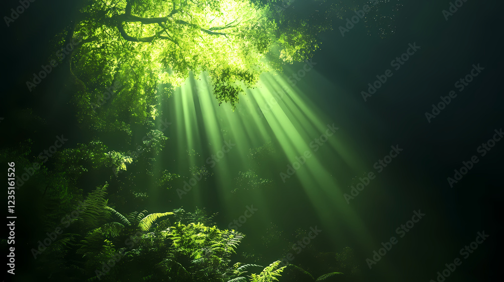 Fototapeta premium Dark rainforest, sun rays through the trees, rich jungle greenery. atmospheric fantasy forest. 3d illustration. Dark Fantasy. Illustration