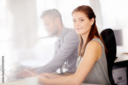 Accounting, portrait and tablet with business woman at desk in office for administration or research. Bank, finance and planning with confident accountant in corporate workplace for audit or tax