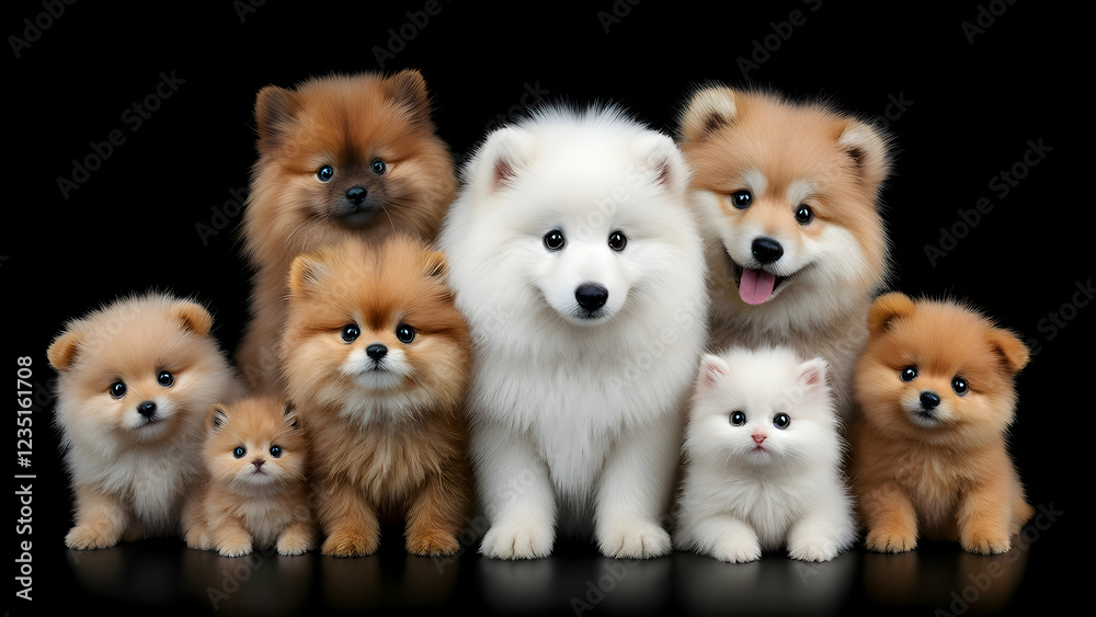 Fototapeta premium Cartoon fluffy group of animals on black background