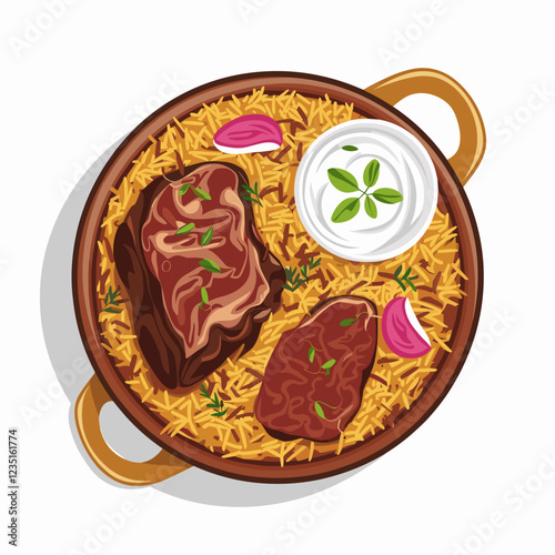 Hyderabadi Biryani Bowl with Meat and Garnishes – Vector Illustration