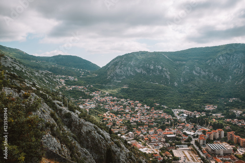 Kotor city panorama with mountains and traditional buildings. Montenegro. 