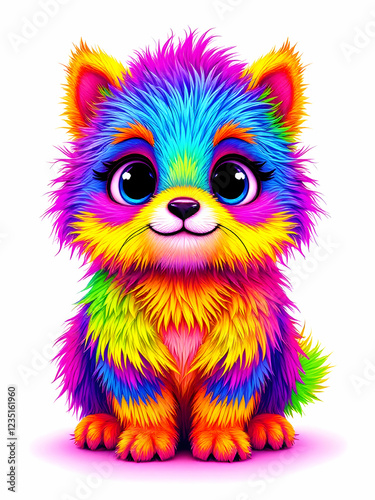 Cute neon colored cartoon fluffy pet on white background