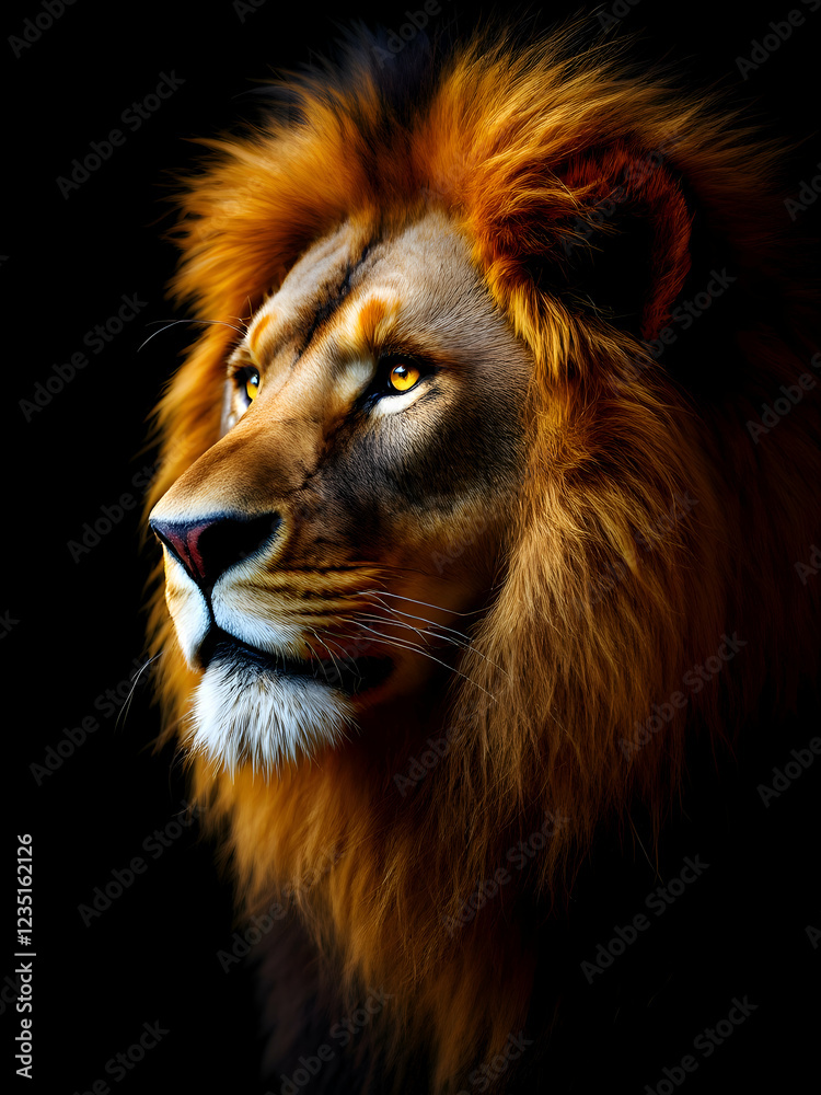 Naklejka premium Portrait of a lion on black background