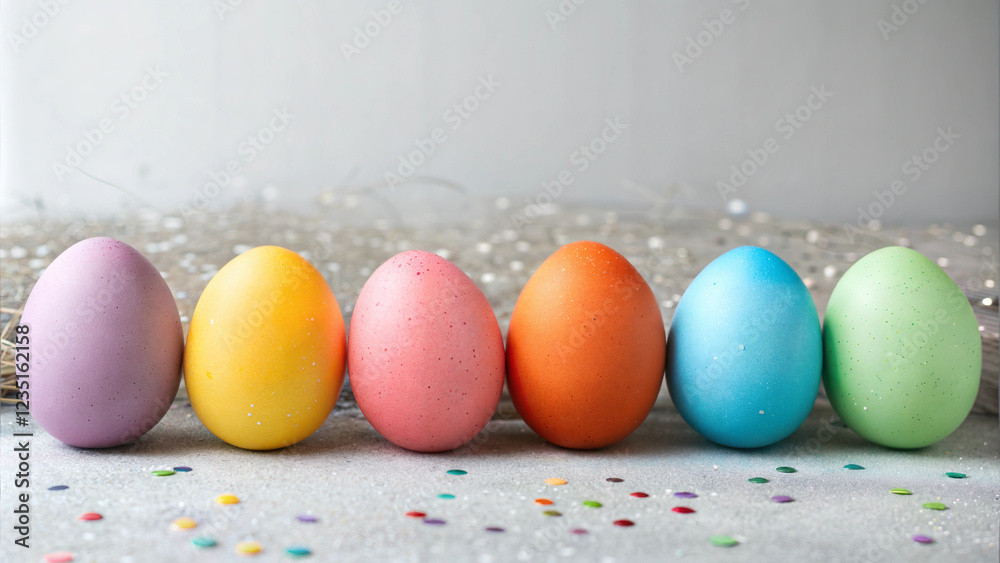 Colourful Easter eggs with confetti on a grey background Colourful Easter eggs with confetti on a grey background