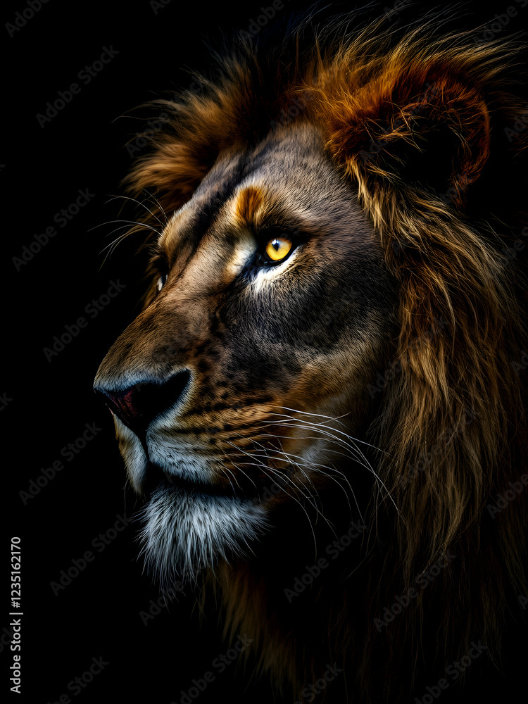 Naklejka premium Portrait of a lion on black background