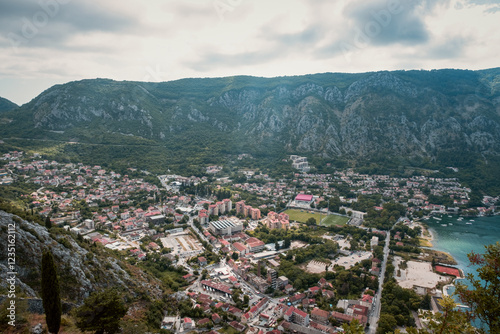 Kotor city panorama with mountains and traditional buildings. Montenegro. 