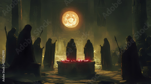 Evil cult members performing secret dark rituals. Dark Fantasy. Illustration