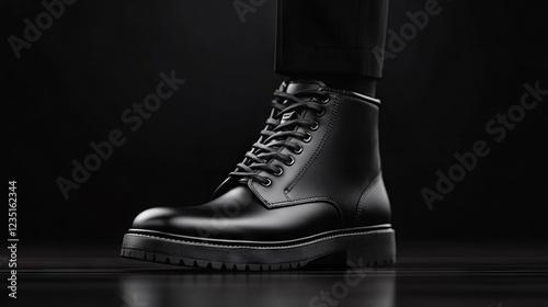 Black leather combat boot with laces and rugged sole on a dark background. Close-up of stylish men's footwear for outdoor and urban fashion. photo