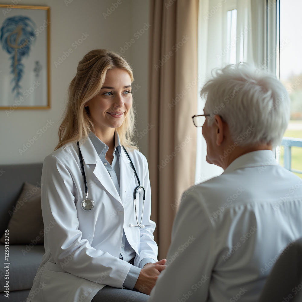 Beautiful blond doctor talking to a senior patient in a healthcare office with a smiling Beautiful blond doctor talking to a senior patient in a healthcare office with a smiling