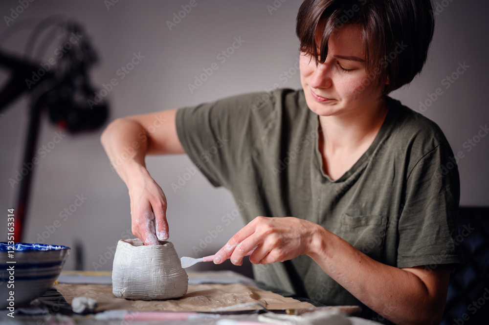 Two women working together on a clay pottery project, focusing on shaping and detailing the piece. The scene highlights collaboration and creativity. Two women working together on a clay pottery project, focusing on shaping and detailing the piece. The scene highlights collaboration and creativity.