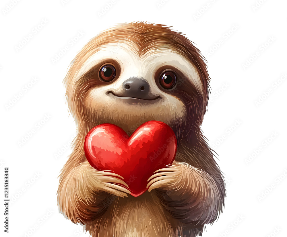 Fototapeta premium Adorable Sloth with Valentine's Heart: Cute Romantic Illustration, Perfect for Cards, Prints, and Sweet Designs. Isolated on 