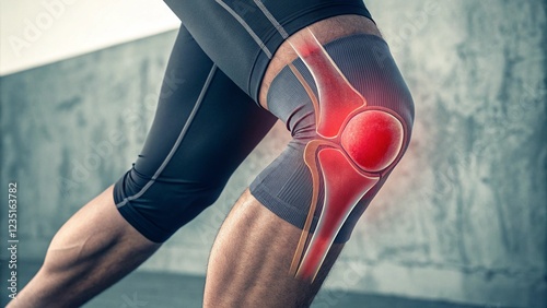 Athlete's knee with highlighted pain area in the joint photo