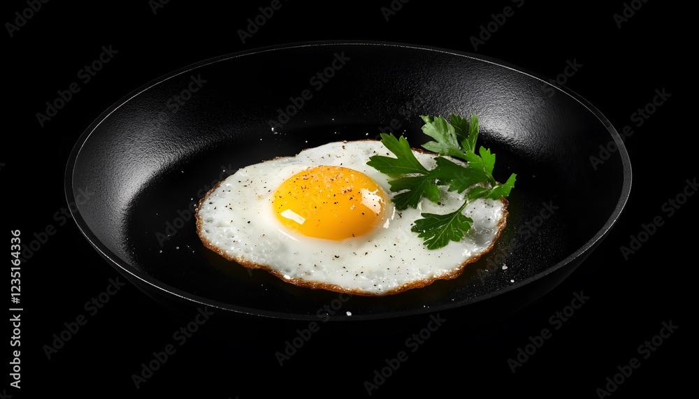 Fried egg. Close up view of the fried egg on a frying pan. Salted and spiced fried egg with parsley on cast iron pan and black background Fried egg. Close up view of the fried egg on a frying pan. Salted and spiced fried egg with parsley on cast iron pan and black background