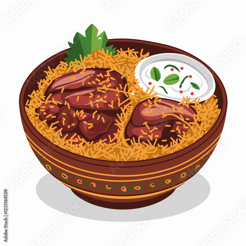 Hyderabadi Biryani Bowl with Meat and Garnishes – Vector Illustration