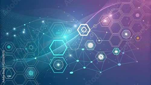 An abstract, digitally rendered image featuring a network of interconnected hexagons in shades of blue and pink against a blurred gradient background.